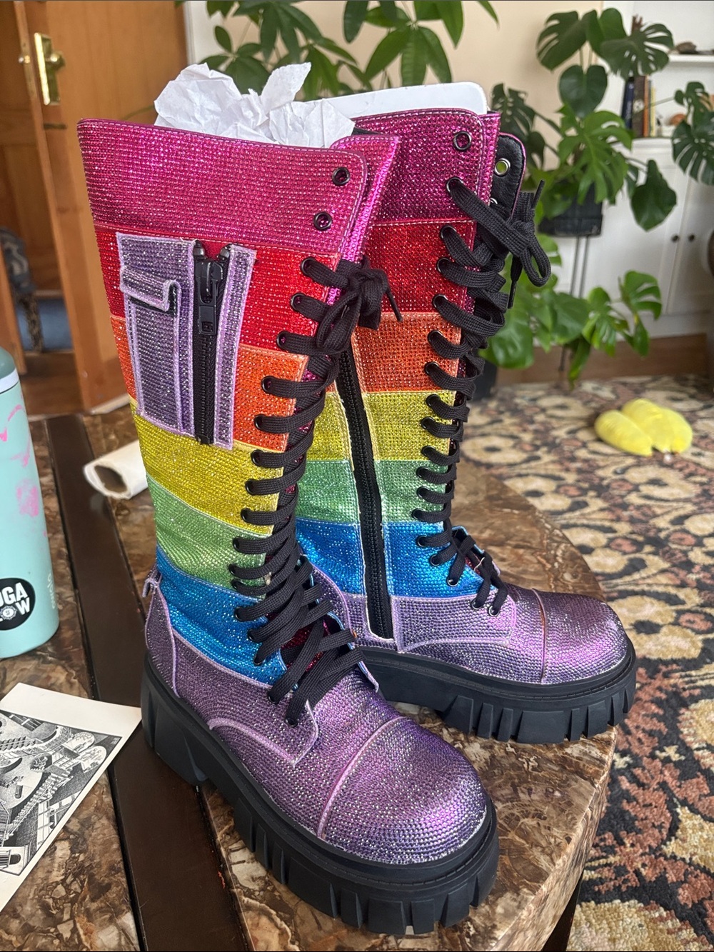 Rainbow Glitter Combat Boots - Black Lug Sole